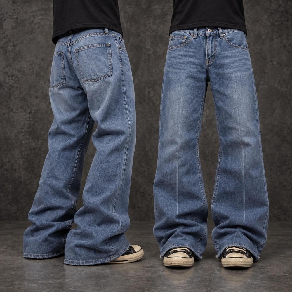 32x32 Blue Baggy Pleated Flared Bootcut Jeans Y2K